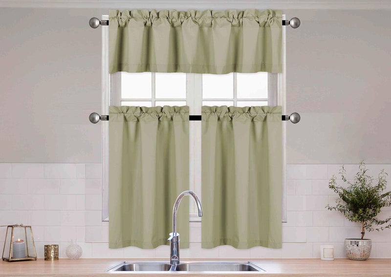 Better Home Style 3 Piece Solid Color 100% Blackout Kitchen Window Curtain Set with Tiers and Valance Solid Energy Efficient Thermal Room Darkening Drape Window Treatment # MKC (Sage Green)